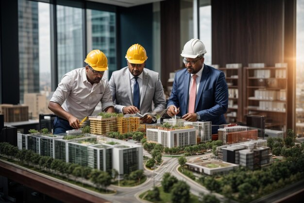 Real estate developer and businessmen team working on new project complex buildings scale model