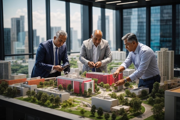 Photo real estate developer and businessmen team working on new project complex buildings scale model