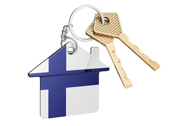 Недвижимость в Финляндии Домашний брелок с финским флагом Аренда недвижимости или концепция ипотеки 3D рендеринг