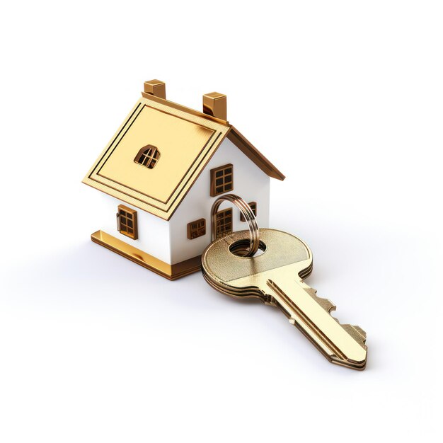 Real estate Gold house with key on white background