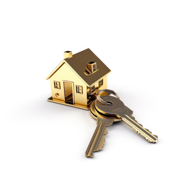 Real estate Gold house with key on white background