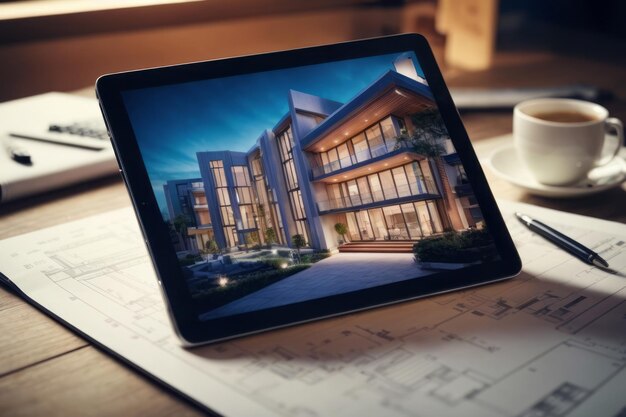 Photo real estate house structure building design on computer tablet on construction development blueprint