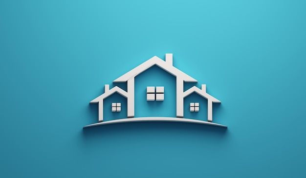 Real Estate Houses Logo Design in blue background . 3D Rendering Illustration