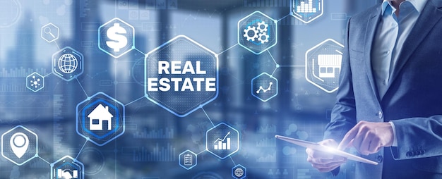 Real estate investment Businessman pressing on virtual screens