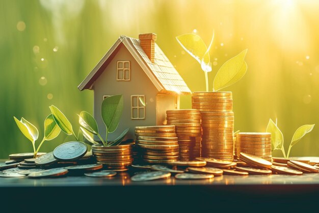 Real estate investment concept house on coins with green backdrop