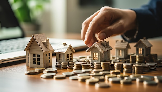 Real estate investment and property ladder concept House model on stack of coins with hand of real estate agent