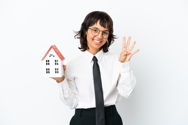 Real estate mixed race agent isolated on white background happy and counting four with fingers