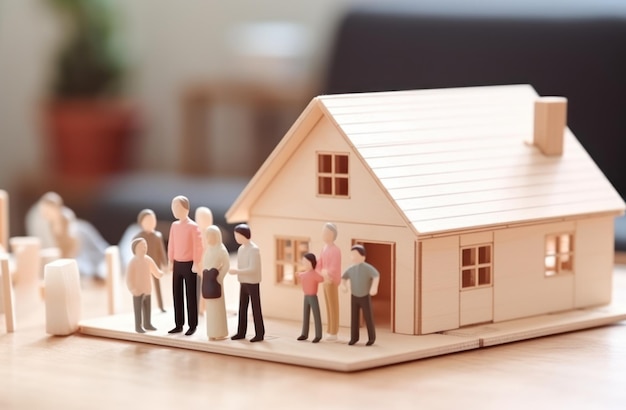 Real estate model of house with family standing on the floor