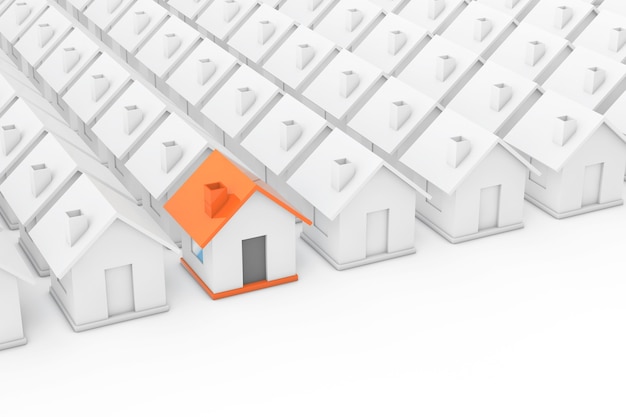 Real Estate Property Industry Concept. Orange house in among White Houses on a white background. 3d Rendering