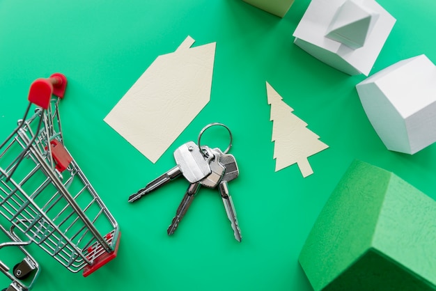 Foto proprietà immobiliare fatta con case con chiavi e carrello su sfondo verde