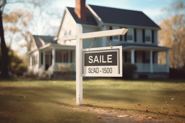 Photo a real estate for sale sign is displayed in front of a house for sale real estate sign placed in front of a new house symbolizing the real estate business concept ai generated