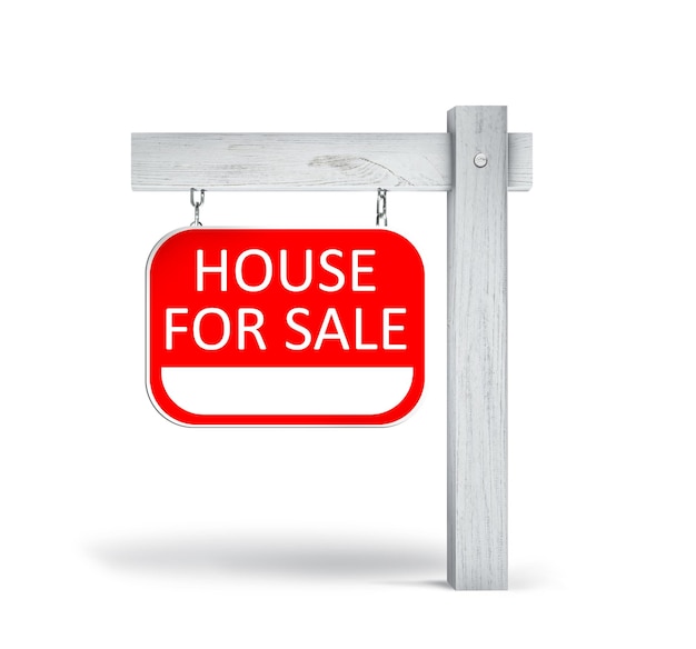 Real estate sign with phrase HOUSE FOR SALE on white background