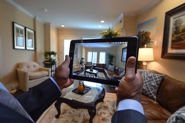 Photo real estate virtual tour on tablet by prospective buyer