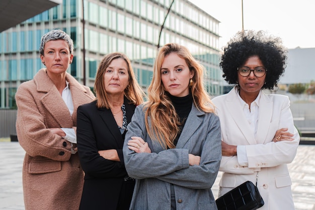 real executive businesswomen looking at camera with serious and proud expression at downtown