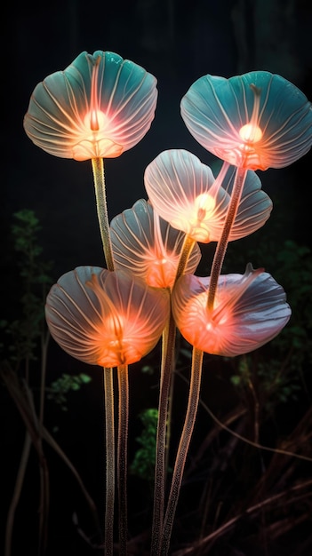 Real flowers aglow with internal light create a magical ambiance in a dark mystical night garden set