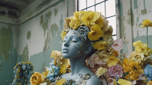 Настоящие цветы покрывают скульптуру в бетонном здании скульптура, вдохновленная пастельными акцентами, хип-хоп скульптура AI Generative