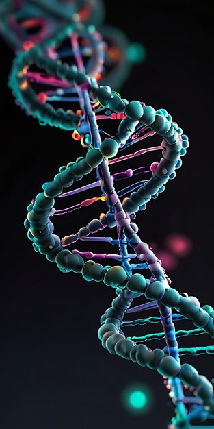 Foto illustrazione digitale molto dettagliata di un filamento di dna con intricata struttura molecolare in stile realistico scientifico generativo ai