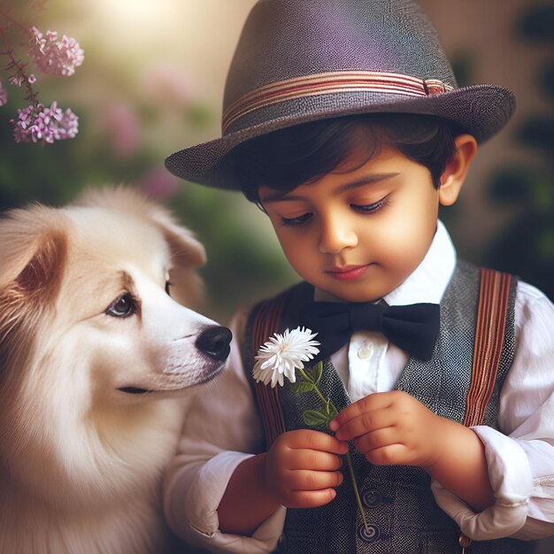 Real home happiness a cute puppy and an adorable boy in a hat and bow tie