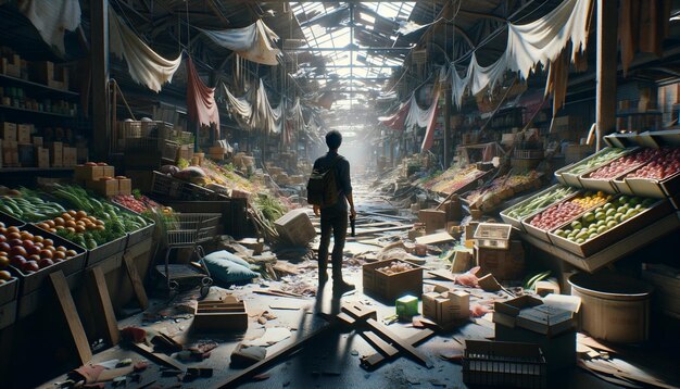 Photo a real human standing amidst the broken remains of a food market