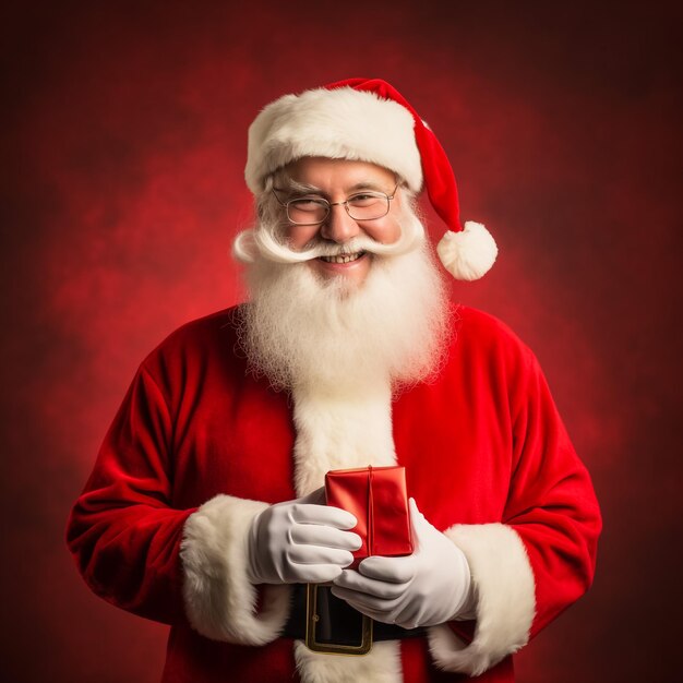 Real jolly santa claus holding box as a christmas giftred studio background