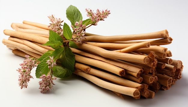 Photo real licorice root isolated on white background generative ai