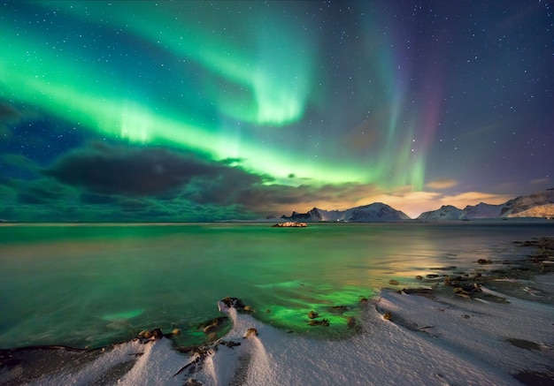 Real Magic of Northern Lights Norwegian fjord with snow and mountains color reflections on sea waves Winter Landscape northern nature