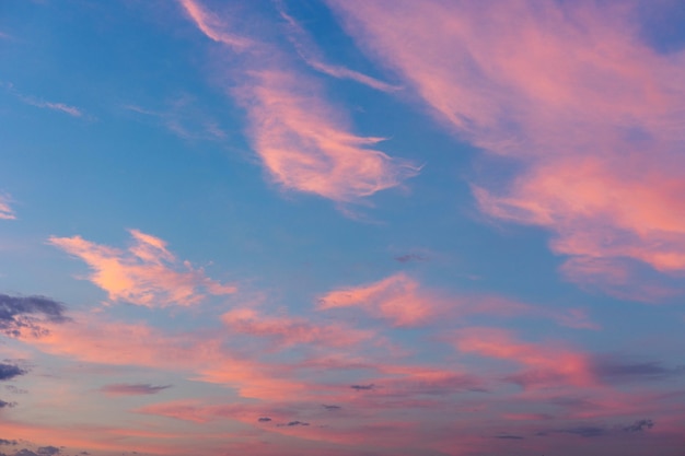 Real majestic sunrise sundown sky background with gentle colorful clouds without birds. Panoramic.