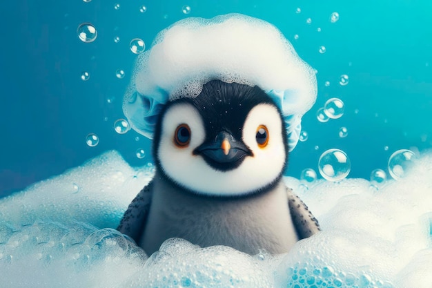 Photo real penguin in bath with foam and bubbles blue bright background