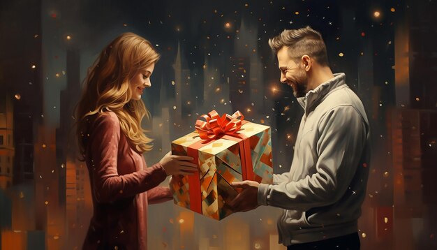 Photo real people presenting each other with gifts striking clarity