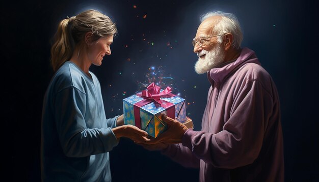 Photo real people presenting each other with gifts striking clarity