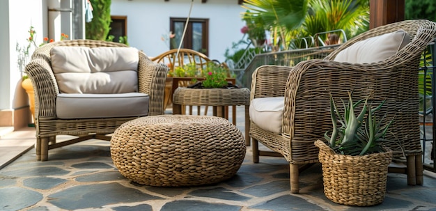 Real photo of an armchair pouf as a table and wicker couch on a terrace Generative AI