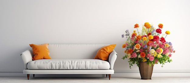 A real photo of flowers placed on a wooden table and a grey settee in a white living room The