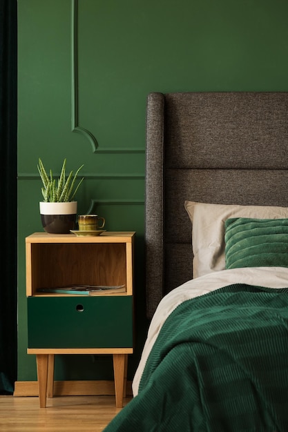 사진 짙은 녹색 침실 인테리어의 침대 옆에 있는 침대 옆 탁자의 실제 사진