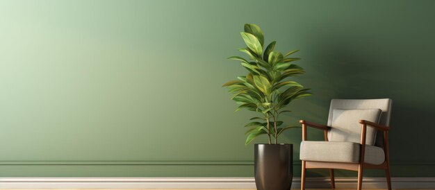 A real photo of a plant placed on a cabinet alongside a green wooden armchair in a flat interior