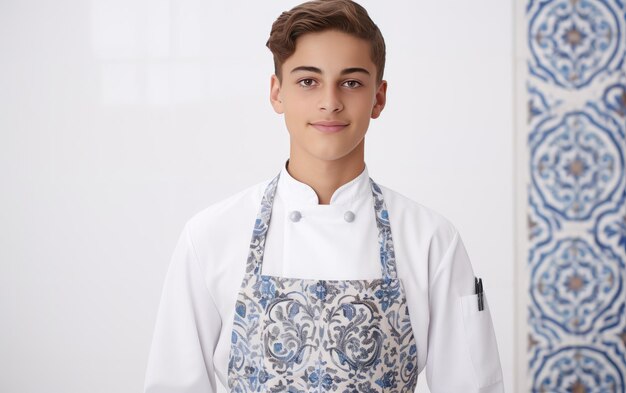 Photo real photo of teenager boy chef with monogrammed charm isolated on white background