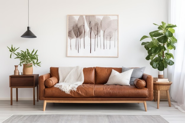 Real photo of a white flat interior with a table leather couch blanket poster and plants
