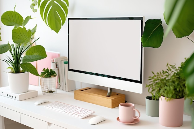 연필 신선한 식물과 장식으로 홈 오피스 책상에 놓인 빈 화면 모형 컴퓨터를 닫은 실제 사진 여기에 그래픽 배치