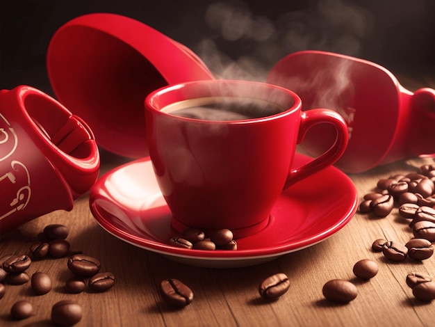 Real Photographer view of delicious coffee beans and red cup