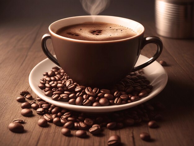 맛있는 커피 콩 과 은 컵 의 실제 사진작가 의 모습