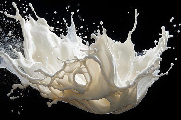 A real photographic picture of milk splash milk splash black highly reflective background