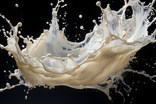 A real photographic picture of milk splash milk splash black highly reflective background