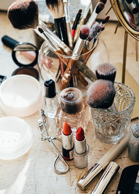 Real professional makeup tools and acessories brushes and lipsticks