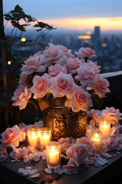 リアルシーン 1000 美しいロマンチックな光 ピンクの白いバラが輝く AI ゲネレーティブ