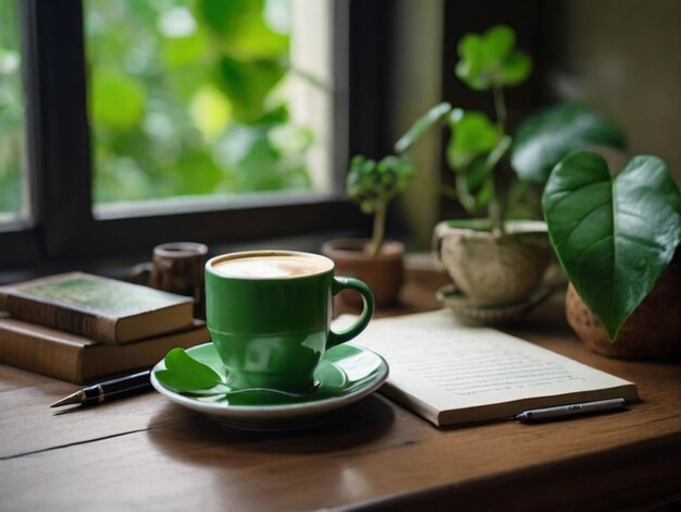 Photo real shooting nature tone a cup of coffee paperpengreen leaf in beautiful house high defination