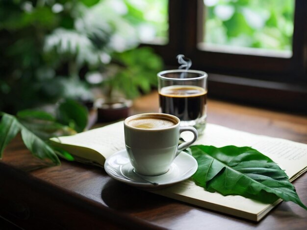 Photo real shooting nature tone a cup of coffee paperpengreen leaf in beautiful house high defination