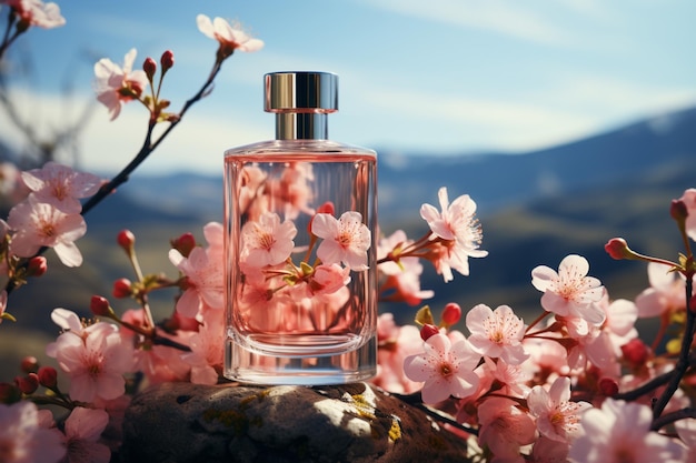 Real shot of a glass aromatherapy bottle on stones embraced by pink peach blossoms