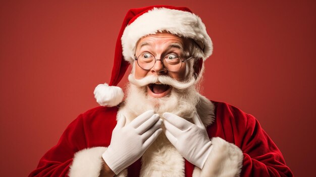 Photo real smiling santa claus doing a shocked look on tan background