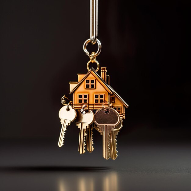 Photo real state keys hanging keychain of a house open house home mortgage realtor new apartment ho