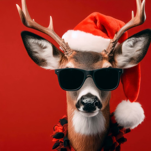 A real surprised deer cool with black sunglasses santa hat on solid red background ai generative