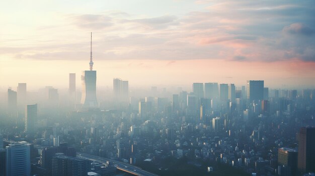 Photo real tokyo view at dawn shot from helicopter